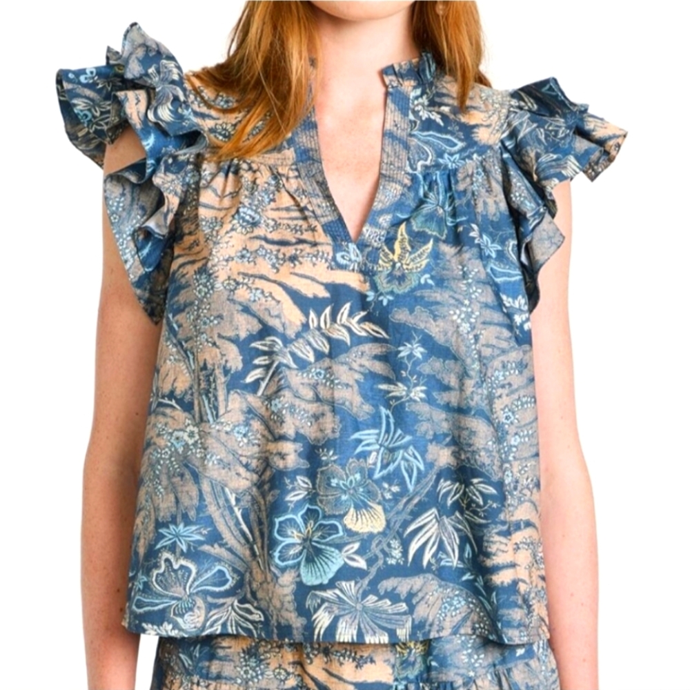 24hr Sale - Ulla Johnson Lei Floral Ruffle Sleeve Blue Top - 00